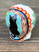 Load image into Gallery viewer, Cat Lovers Kitty and Skull Art, Hand Painted Ceramic Sugar Skull, Dia De Los Muertos Calavera, Mini Day of the Dead Cat Ceramic Skull