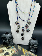 Load image into Gallery viewer, Cascade of Edgy Gun Metal Skulls Glass Beaded Necklace, Pastel Goth Skull Jewelry, Vampire Goth, Dia De Los Muertos Calavera