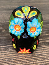 Load image into Gallery viewer, Cat Lovers Kitty and Skull Art, Hand Painted Ceramic Sugar Skull, Dia De Los Muertos Calavera, Mini Day of the Dead Cat Ceramic Skull