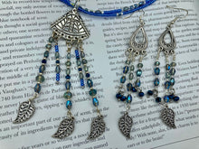 Load image into Gallery viewer, Bohemian Style Blue And Silver Beaded Choker Style Adjustable Necklace, Triangle Shaped Illuminati Pendant With Dangling Beads And Leaves