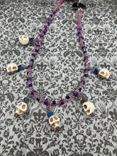 Load image into Gallery viewer, Pink Pastel Goth Collar Style Beaded Necklace, Rainbow Gothic Lovers Heart And Skull Necklace, Witchy Choker Style Jewelry, Dia De Los Muertos Calaveras
