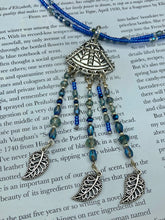 Load image into Gallery viewer, Bohemian Style Blue And Silver Beaded Choker Style Adjustable Necklace, Triangle Shaped Illuminati Pendant With Dangling Beads And Leaves