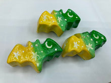 Load image into Gallery viewer, Cute and spooky magnet design to adorn your refrigerator, lockers, workstation, toolbox, or dishwasher. This hand-sculpted clay bat statuette boasts stunning ombre coloration, transitioning from to dark green to light green and then to bright yellow to recreate the breathtaking look of a starry night sky. H 1” x W 2” x D 1/2”