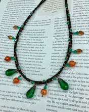 Load image into Gallery viewer, Autumn Vibe Choker Style Necklace, Shabby Chic, Hippie, Bohemian, Fall Harvest Jewelry, Pumpkin Round Orange Green Glass Beads