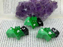 Load image into Gallery viewer, Cute and spooky magnet design to adorn your refrigerator, lockers, workstation, toolbox, or dishwasher. This hand-sculpted clay bat statuette boasts stunning ombre coloration, transitioning from black to dark green to light green to recreate the breathtaking look of a starry night sky. H 1” x W 2” x D 1/2”