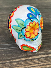 Load image into Gallery viewer, Cat Lovers Kitty and Skull Art, Hand Painted Ceramic Sugar Skull, Dia De Los Muertos Calavera, Mini Day of the Dead Cat Ceramic Skull
