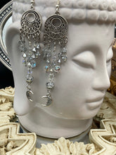Load image into Gallery viewer, Dangling Smiling Crescent Moons Large Chandelier Earrings, Whimsical Fairy Princess, Witchy Celestial Astrology, Luna Lovers, Stardust