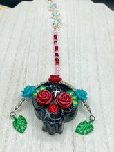 Load image into Gallery viewer, Frida Kahlo Inspired Day of the Dead Mini Skull Suncatcher, Nature Inspired Floral Skull Clay Art Home Decor
