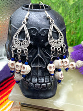 Load image into Gallery viewer, Tiny Dangling Skulls Chandelier Earrings, Pastel Goth Skull Jewelry, La Catrina Dia De Los Muertos Calavera, Day of the Dead, Witchy Skully