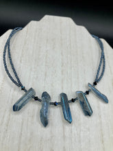 Load image into Gallery viewer, This sophisticated double-strand necklace glitters with silver and gray-tone glass beads, complemented by luminous blue crystal stone nuggets. It gracefully drapes around the neck. Measurements:  Necklace is 15 1/4”adjustable up to 17" in length