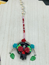 Load image into Gallery viewer, Frida Kahlo Inspired Day of the Dead Mini Skull Suncatcher, Nature Inspired Floral Skull Clay Art Home Decor