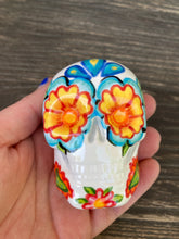 Load image into Gallery viewer, Cat Lovers Kitty and Skull Art, Hand Painted Ceramic Sugar Skull, Dia De Los Muertos Calavera, Mini Day of the Dead Cat Ceramic Skull