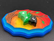 Load image into Gallery viewer, This unique Starry Night Mini Bat Wall Art Decor is hand sculpted and painted in vivid hues to offer an eye-catching decoration for your living space. The bat is painted in a gradient of light green to dark green to black, and is complemented by white stars and a crescent moon. The wood frame is painted in yellow, orange and red for a stunning sundown effect, with a royal blue edge for added contrast.