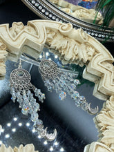Load image into Gallery viewer, Dangling Smiling Crescent Moons Large Chandelier Earrings, Whimsical Fairy Princess, Witchy Celestial Astrology, Luna Lovers, Stardust