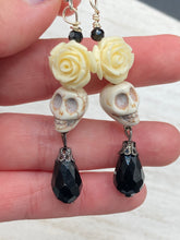 Load image into Gallery viewer, Frida Kahlo Inspired Earring, Howlite Skull Beads White Roses, Pastel Goth, Dia De Los Muertos Calaveras , Day of the Dead Jewelry, La Catrina
