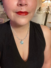 Load image into Gallery viewer, Make a statement with this dainty, yet bold Amazonite Bee Pendant Necklace. Beautifully beaded with frosty glass in blue and silver tones, this shabby chic jewelry piece complements any outfit. The perfect combination of hues and shapes will add complexity and elegance to your look. Measurements: Necklace is 17” in length