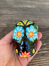 Load image into Gallery viewer, Cat Lovers Kitty and Skull Art, Hand Painted Ceramic Sugar Skull, Dia De Los Muertos Calavera, Mini Day of the Dead Cat Ceramic Skull