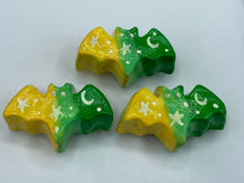 Load image into Gallery viewer, Cute and spooky magnet design to adorn your refrigerator, lockers, workstation, toolbox, or dishwasher. This hand-sculpted clay bat statuette boasts stunning ombre coloration, transitioning from to dark green to light green and then to bright yellow to recreate the breathtaking look of a starry night sky. H 1” x W 2” x D 1/2”