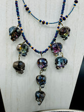 Load image into Gallery viewer, Cascade of Edgy Gun Metal Skulls Glass Beaded Necklace, Pastel Goth Skull Jewelry, Vampire Goth, Dia De Los Muertos Calavera