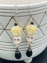 Load image into Gallery viewer, Frida Kahlo Inspired Earring, Howlite Skull Beads White Roses, Pastel Goth, Dia De Los Muertos Calaveras , Day of the Dead Jewelry, La Catrina