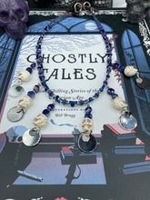 Load image into Gallery viewer, Cascade of Skulls And Purple Glass Beaded Collar Style Necklace, Pastel Goth Skull Jewelry, Gothic Vampire, Dia De Los Muertos Calavera