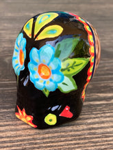 Load image into Gallery viewer, Cat Lovers Kitty and Skull Art, Hand Painted Ceramic Sugar Skull, Dia De Los Muertos Calavera, Mini Day of the Dead Cat Ceramic Skull