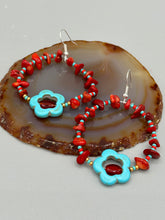 Load image into Gallery viewer, These Bamboo coral red stone chip earrings feature a subtle hoop design adorned with tiny turquoise, red, and gold glass beads. Completing the look is a turquoise flower pendant with a dark red glass bead in the center. Measurements: 2" length