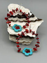 Load image into Gallery viewer, These Bamboo coral red stone chip earrings feature a subtle hoop design adorned with tiny turquoise, red, and gold glass beads. Completing the look is a turquoise flower pendant with a dark red glass bead in the center. Measurements: 2" length