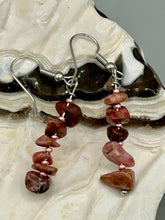 Load image into Gallery viewer, These earrings feature a single strand constructed with natural rhodonite stone chips and delicate pink glass beads for a unique, nature-inspired look. Measurements: 1 1/2" length