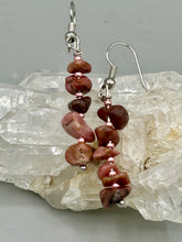 Load image into Gallery viewer, These earrings feature a single strand constructed with natural rhodonite stone chips and delicate pink glass beads for a unique, nature-inspired look. Measurements: 1 1/2" length