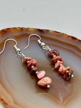 Load image into Gallery viewer, These earrings feature a single strand constructed with natural rhodonite stone chips and delicate pink glass beads for a unique, nature-inspired look. Measurements: 1 1/2" length
