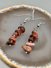 Load image into Gallery viewer, These earrings feature a single strand constructed with natural rhodonite stone chips and delicate pink glass beads for a unique, nature-inspired look. Measurements: 1 1/2" length