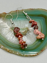 Load image into Gallery viewer, These earrings feature a single strand constructed with natural rhodonite stone chips and delicate pink glass beads for a unique, nature-inspired look. Measurements: 1 1/2" length