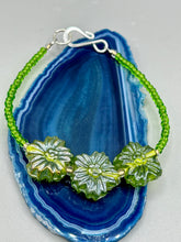 Load image into Gallery viewer, Light Green Pressed Glass Floral Beaded Bracelet, Nature Inspired, Summer Jewelry