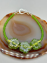 Load image into Gallery viewer, Light Green Pressed Glass Floral Beaded Bracelet, Nature Inspired, Summer Jewelry