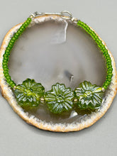 Load image into Gallery viewer, Light Green Pressed Glass Floral Beaded Bracelet, Nature Inspired, Summer Jewelry