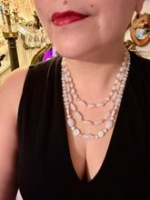 Load image into Gallery viewer, This necklace is the perfect finishing touch to any outfit. Featuring three strands of white and gold glass beads for a classic and elegant look. The small clear and gold glass beads add a touch of sophistication. Adjustable for a comfortable fit. Measurements: Necklace is 17” in length, can be adjusted up to 19 1/2"