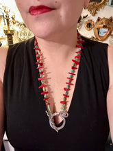 Load image into Gallery viewer, This uniquely designed Southwestern Style necklace is a mesmerizing blend of large bamboo red coral beads as well as turquoise and gold glass beads. The finishing touch is a beautiful large serpent toggle clasp. Measurements: Necklace is 25 1/2 " in length