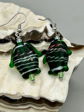 Load image into Gallery viewer, Large Puffy Green Fish Glass Beaded Earrings, Hippie Vibe, Nature Inspired