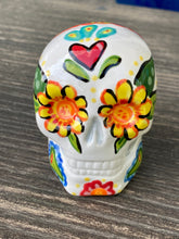 Load image into Gallery viewer, Cat Lovers Cemetery Cat and Skull Art, Hand Painted Ceramic Sugar Skull, Dia De Los Muertos Calavera, Mini Day of the Dead Cat Ceramic Skull