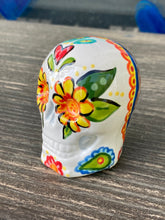 Load image into Gallery viewer, Cat Lovers Cemetery Cat and Skull Art, Hand Painted Ceramic Sugar Skull, Dia De Los Muertos Calavera, Mini Day of the Dead Cat Ceramic Skull
