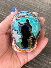 Load image into Gallery viewer, Cat Lovers Cemetery Cat and Skull Art, Hand Painted Ceramic Sugar Skull, Dia De Los Muertos Calavera, Mini Day of the Dead Cat Ceramic Skull