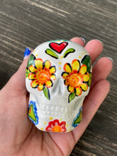 Load image into Gallery viewer, Cat Lovers Cemetery Cat and Skull Art, Hand Painted Ceramic Sugar Skull, Dia De Los Muertos Calavera, Mini Day of the Dead Cat Ceramic Skull
