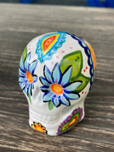 Load image into Gallery viewer, Cat Lovers Cemetery Cat and Skull Art, Hand Painted Ceramic Sugar Skull, Dia De Los Muertos Calavera, Mini Day of the Dead Cat Ceramic Skull