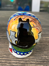 Load image into Gallery viewer, Cat Lovers Cemetery Cat and Skull Art, Hand Painted Ceramic Sugar Skull, Dia De Los Muertos Calavera, Mini Day of the Dead Cat Ceramic Skull