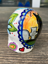 Load image into Gallery viewer, Cat Lovers Cemetery Cat and Skull Art, Hand Painted Ceramic Sugar Skull, Dia De Los Muertos Calavera, Mini Day of the Dead Cat Ceramic Skull