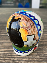 Load image into Gallery viewer, Cat Lovers Cemetery Cat and Skull Art, Hand Painted Ceramic Sugar Skull, Dia De Los Muertos Calavera, Mini Day of the Dead Cat Ceramic Skull