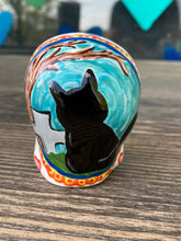 Load image into Gallery viewer, Cat Lovers Cemetery Cat and Skull Art, Hand Painted Ceramic Sugar Skull, Dia De Los Muertos Calavera, Mini Day of the Dead Cat Ceramic Skull