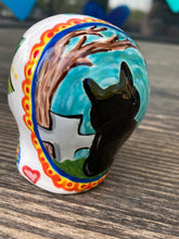 Load image into Gallery viewer, Cat Lovers Cemetery Cat and Skull Art, Hand Painted Ceramic Sugar Skull, Dia De Los Muertos Calavera, Mini Day of the Dead Cat Ceramic Skull
