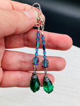 Load image into Gallery viewer, Created with Nature in Mind - Peacock Feathers Inspire These Earrings. Showcase a unique combination of glass beading and rectangular rainbow Hematite beads for a multi-textured look. An eye-catching style and a "must have" for any jewelry collection. Measurements: 2 1/2” in length